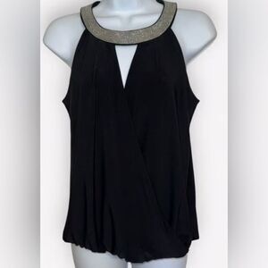 White House Black Market Faux Wrap Black Top With Silver Neckline Size Small